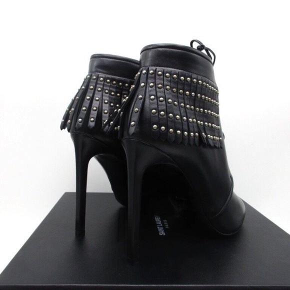 YSL Yves Saint Laurent Black Jane Studded Peep Toe Fringe Boots Booties … - Picture 3 of 4